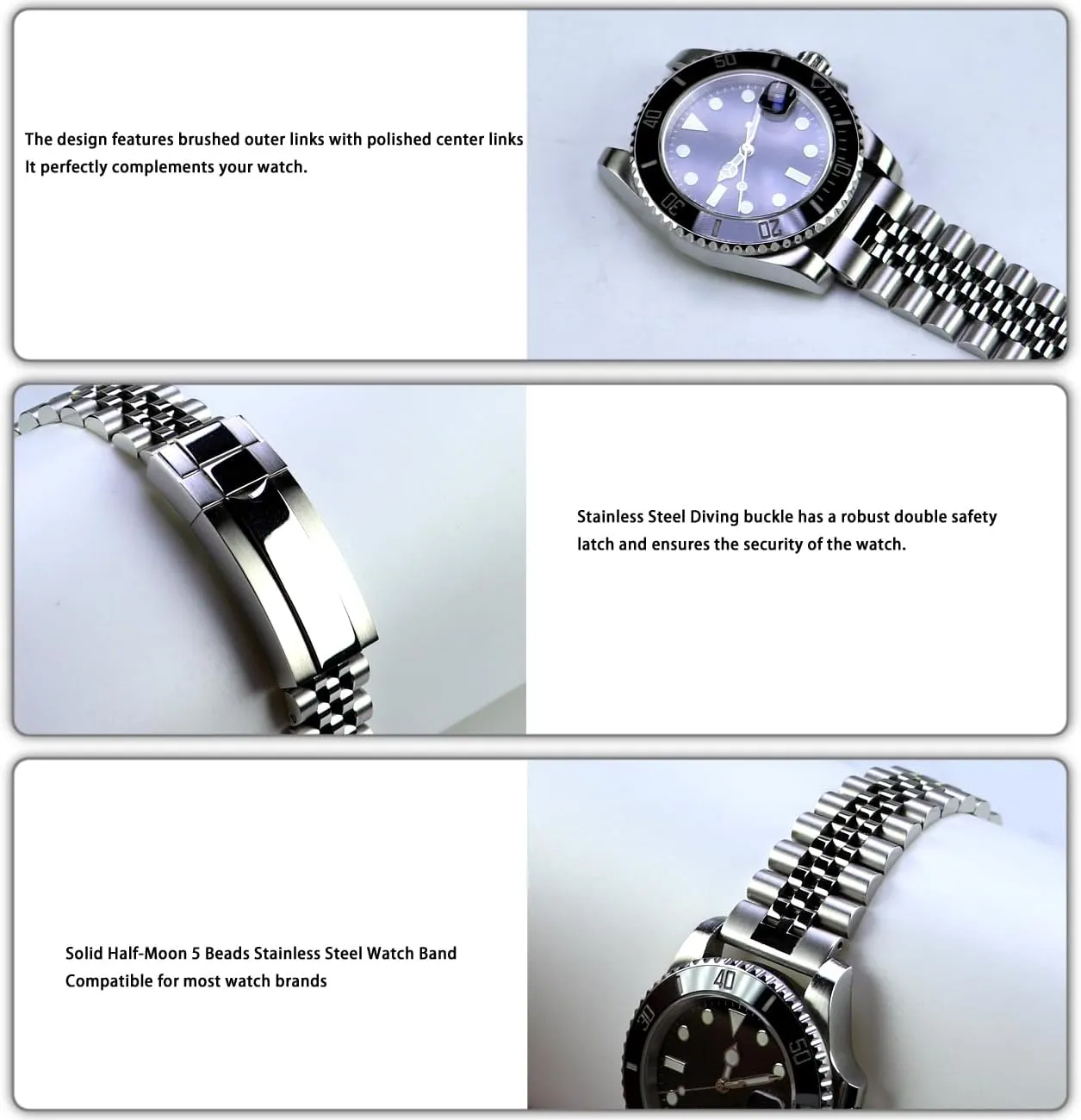 20mm 22mm Quick Release Jubilee Watch Band for Men Women Screw-In Stainless Steel Watch Bracelet Metal Watch Bands With Curved Lug Ends Parts Jubilee Bracelet Strap with Diving Buckle