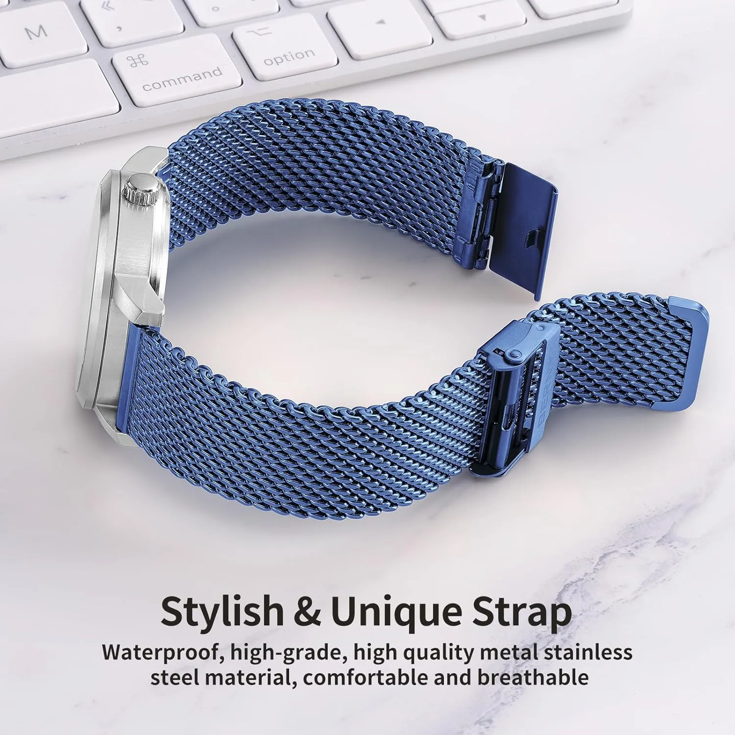 BERNY Stainless Steel Mesh Watch Band for Men Women, Quick Release Adjustable Milanese Watch Straps, Solid Metal Watch Bracelet with Double Safety Clasp Gold Blue