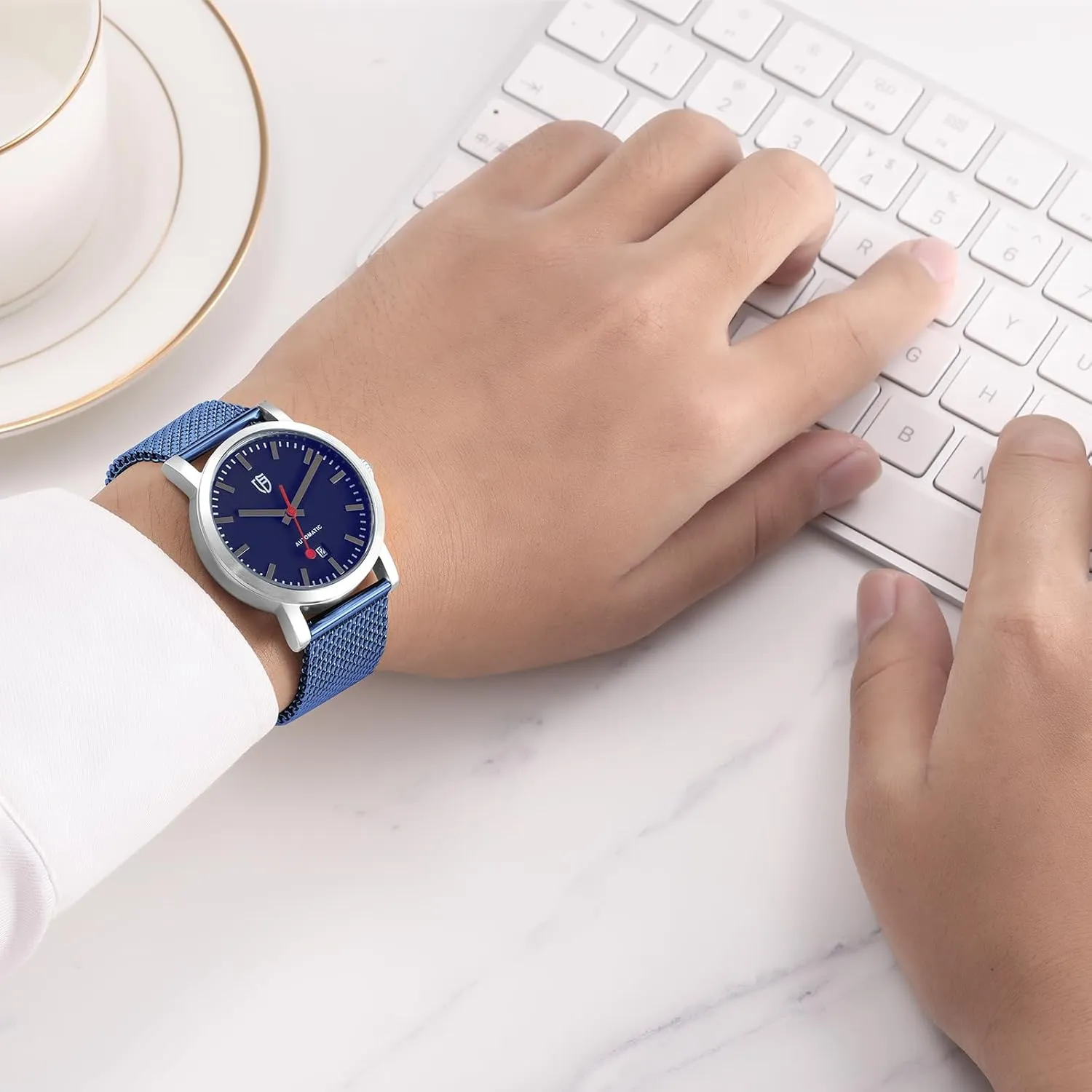 BERNY Stainless Steel Mesh Watch Band for Men Women, Quick Release Adjustable Milanese Watch Straps, Solid Metal Watch Bracelet with Double Safety Clasp Gold Blue