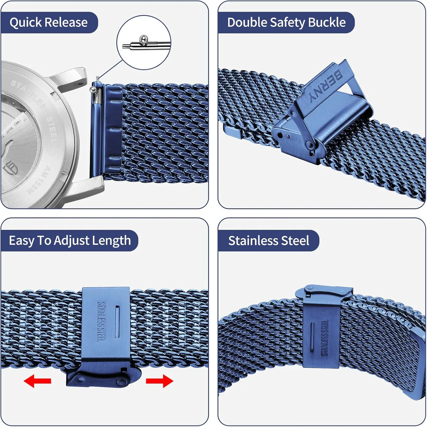 BERNY Stainless Steel Mesh Watch Band for Men Women, Quick Release Adjustable Milanese Watch Straps, Solid Metal Watch Bracelet with Double Safety Clasp Gold Blue