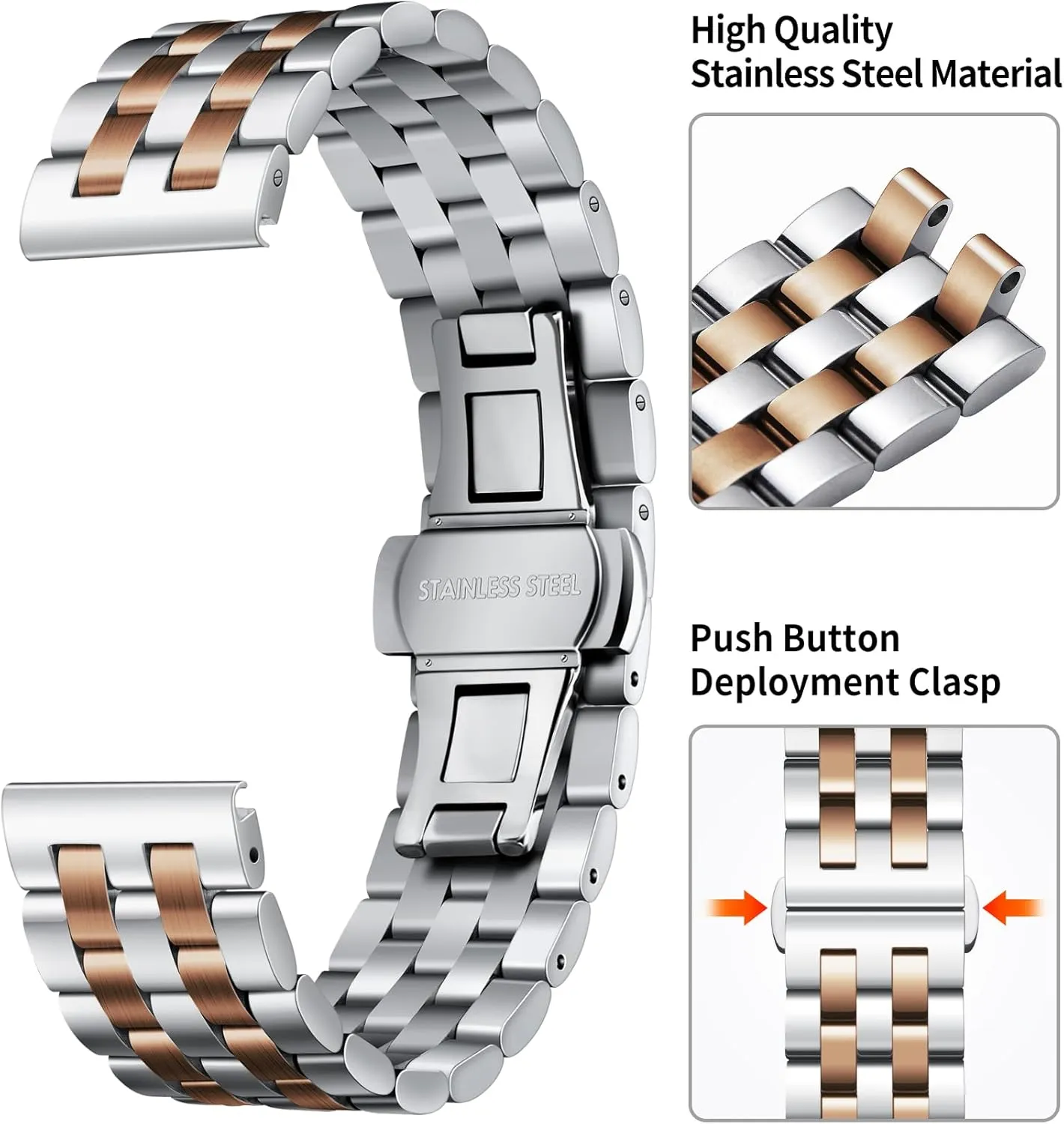 BINLUN Stainless Steel Watch Band Replacement Metal Watch Straps for Men and Women 18mm/19mm/20mm/21mm/22mm/24mm with Curved and Straight End in Silver, Gold, Black, Rose Gold, Two Toned