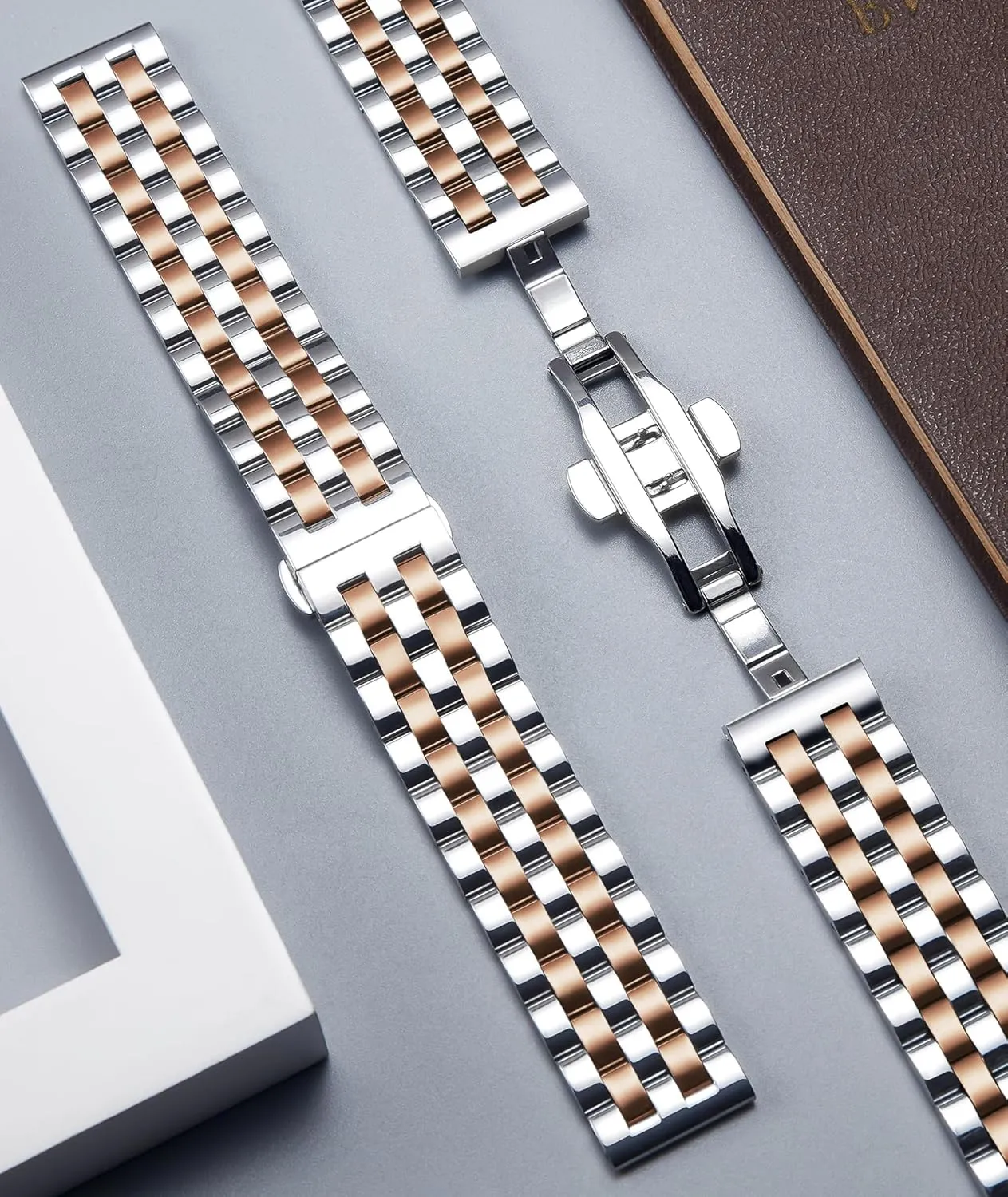 BINLUN Stainless Steel Watch Band Replacement Metal Watch Straps for Men and Women 18mm/19mm/20mm/21mm/22mm/24mm with Curved and Straight End in Silver, Gold, Black, Rose Gold, Two Toned