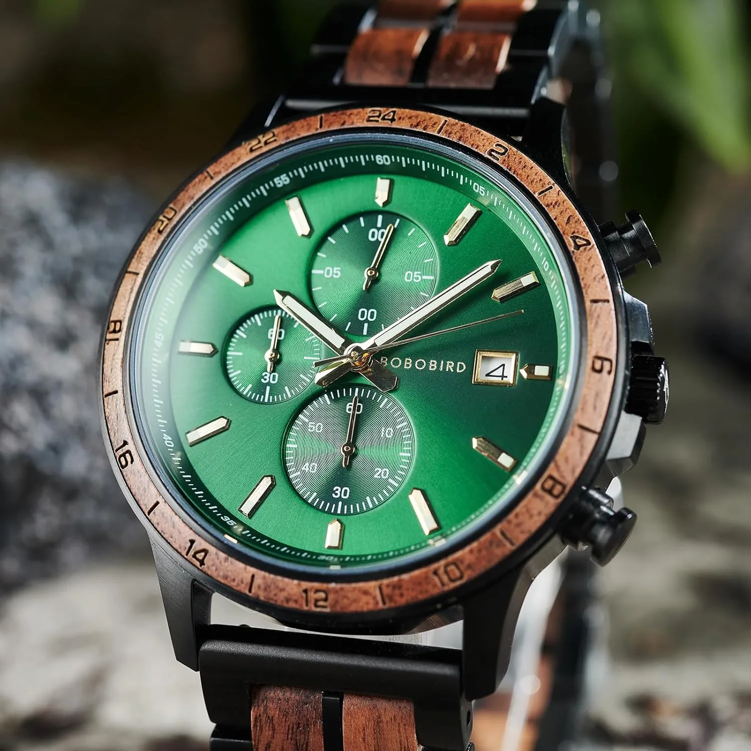 BOBO BIRD Men's Wooden Watch with Stainless Steel Wood Strap, Japanese Quartz Movement, Multi-Functional Chronograph Watch for Business