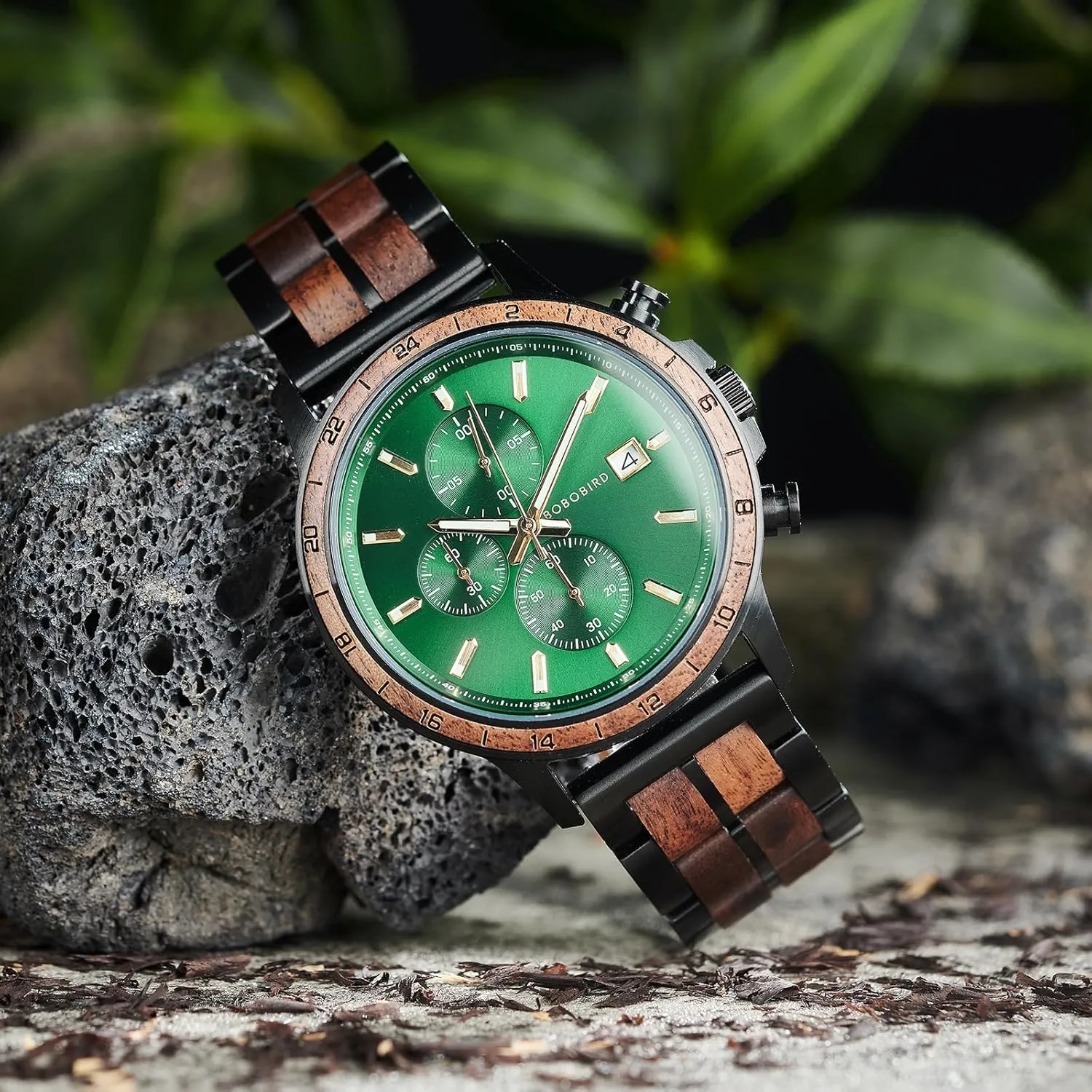 BOBO BIRD Men's Wooden Watch with Stainless Steel Wood Strap, Japanese Quartz Movement, Multi-Functional Chronograph Watch for Business
