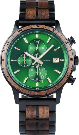 BOBO BIRD Men's Wooden Watch with Stainless Steel Wood Strap, Japanese Quartz Movement, Multi-Functional Chronograph Watch for Business