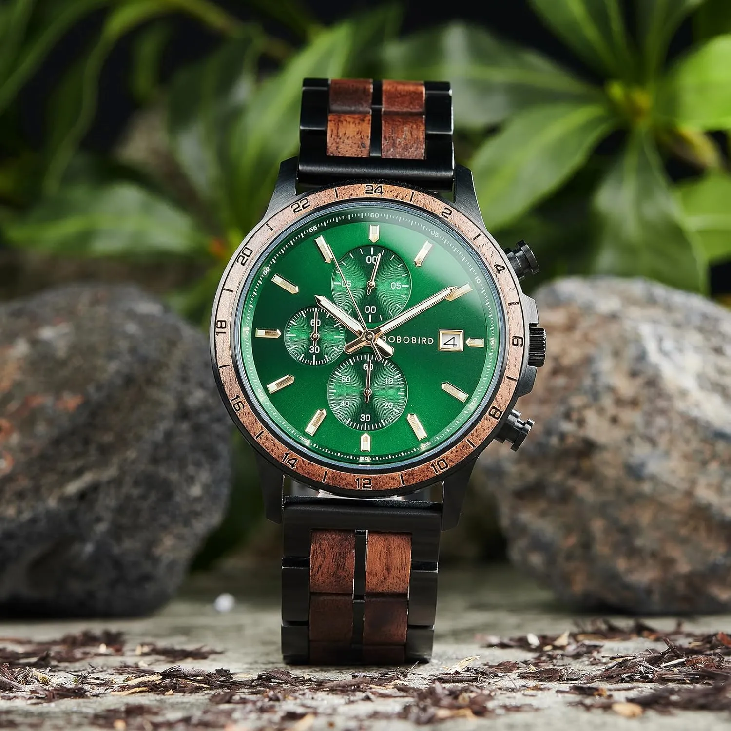 BOBO BIRD Men's Wooden Watch with Stainless Steel Wood Strap, Japanese Quartz Movement, Multi-Functional Chronograph Watch for Business