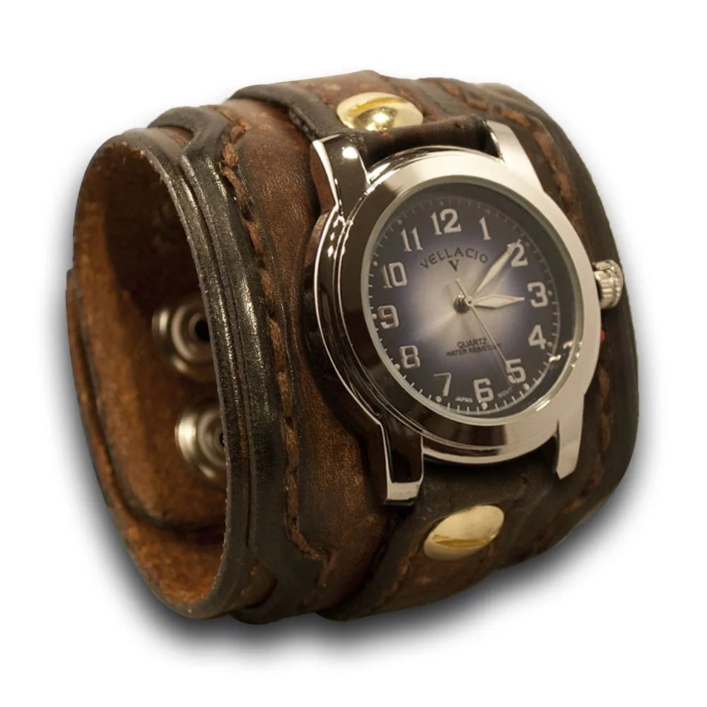 Brown Stressed Layered Leather Cuff Watch with Snaps