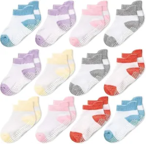 CozyWay Baby & Toddler Socks with Grippers Non Slip Ankle Grip Socks For Boys and Girls Babies - Comfy Soft Cotton - 12 Pack