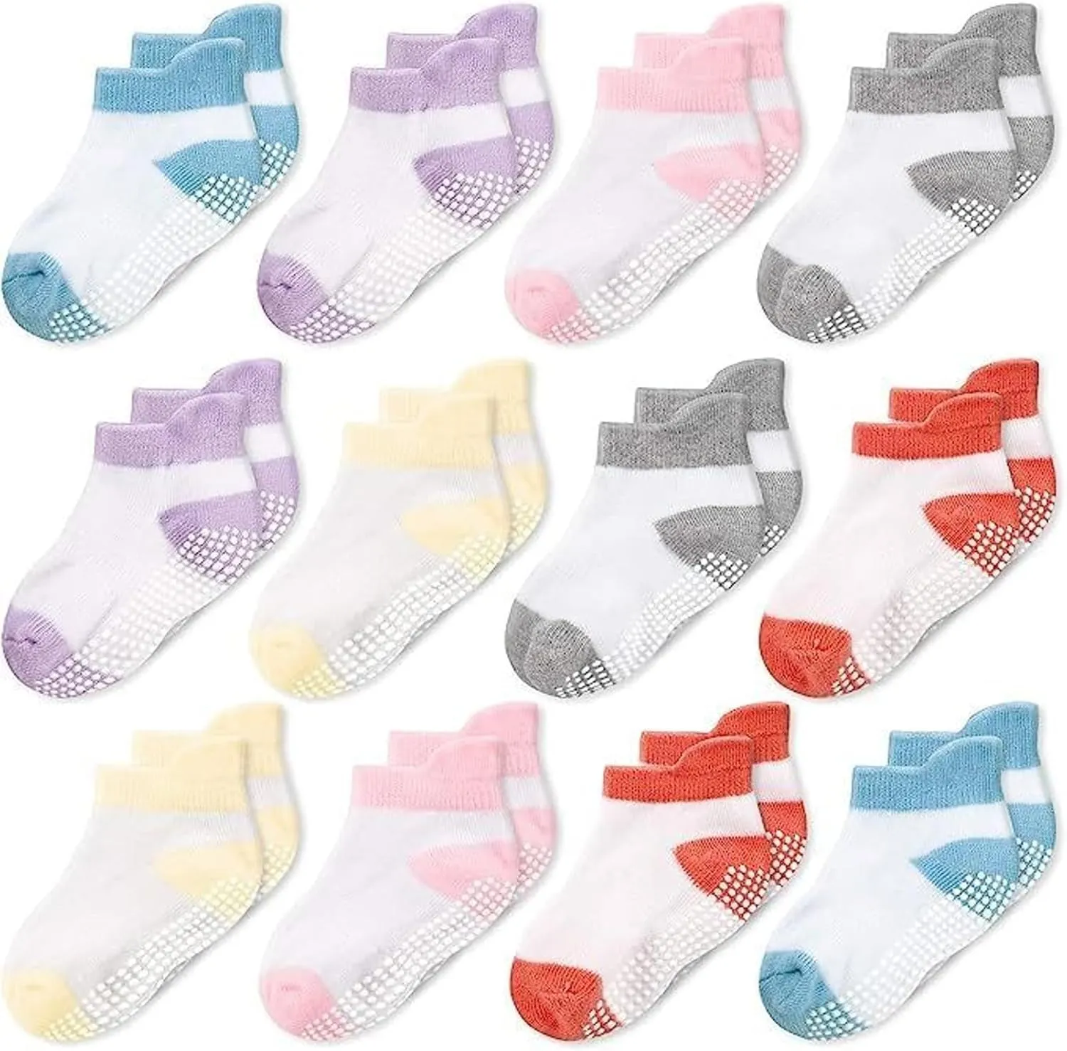 CozyWay Baby & Toddler Socks with Grippers Non Slip Ankle Grip Socks For Boys and Girls Babies - Comfy Soft Cotton - 12 Pack