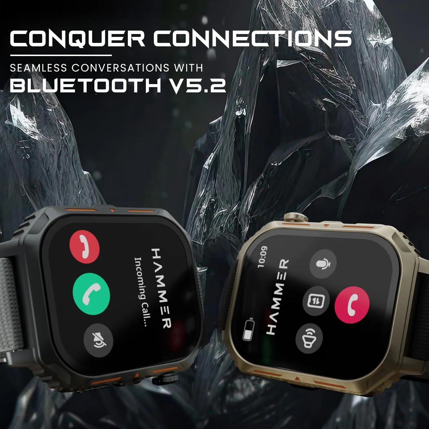 HAMMER Conquer 2.02" AMOLED Smartwatch, Rugged Smartwatch for Men, Bluetooth Calling, 100  Sports Modes, in-Built Games, Health Tracking, IP67 (Gold)