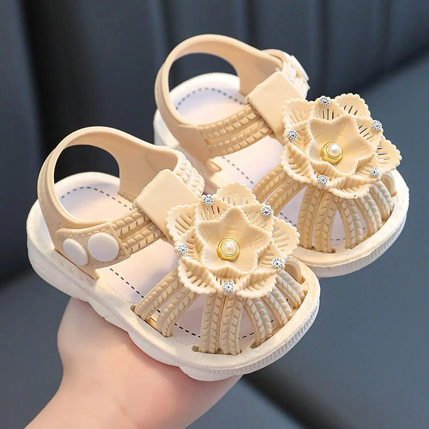 Infant Newborn Baby Girl Closed-Toe Sandals Breathable Comfortable Cute Flower Beach Soft Sole Slip On Shoes