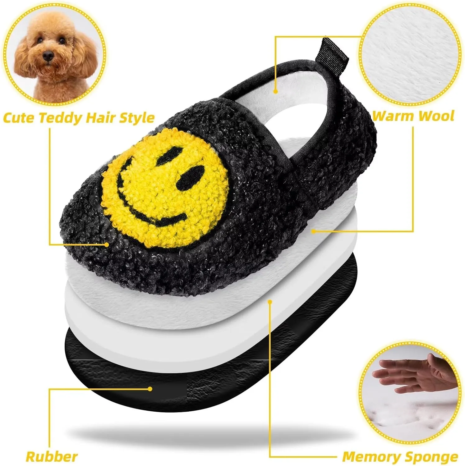 KEYUSHOP Smile Face Toddler Kids Slippers - Cute Soft Plush Non-Slip Rubber Sole Socks Shoes - Warm, Lightweight, Outdoor Walking Shoes