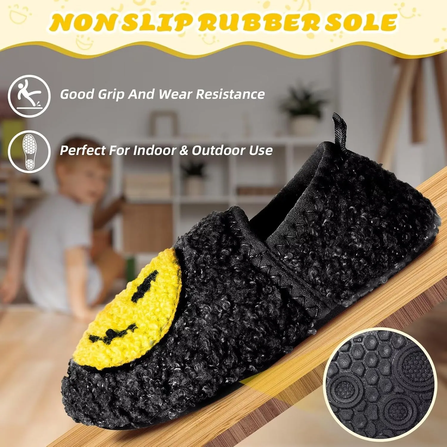 KEYUSHOP Smile Face Toddler Kids Slippers - Cute Soft Plush Non-Slip Rubber Sole Socks Shoes - Warm, Lightweight, Outdoor Walking Shoes