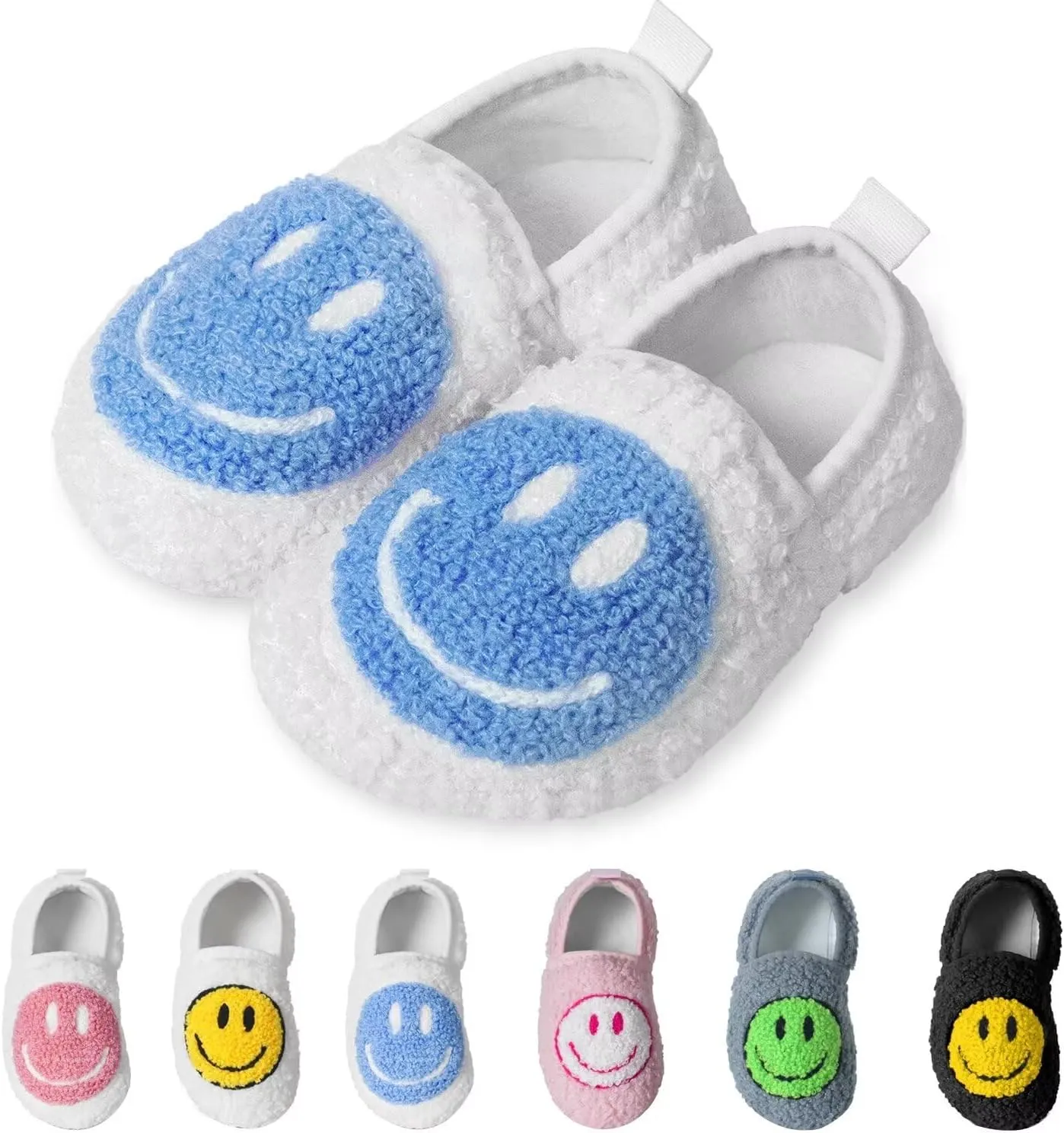 KEYUSHOP Smile Face Toddler Kids Slippers - Cute Soft Plush Non-Slip Rubber Sole Socks Shoes - Warm, Lightweight, Outdoor Walking Shoes