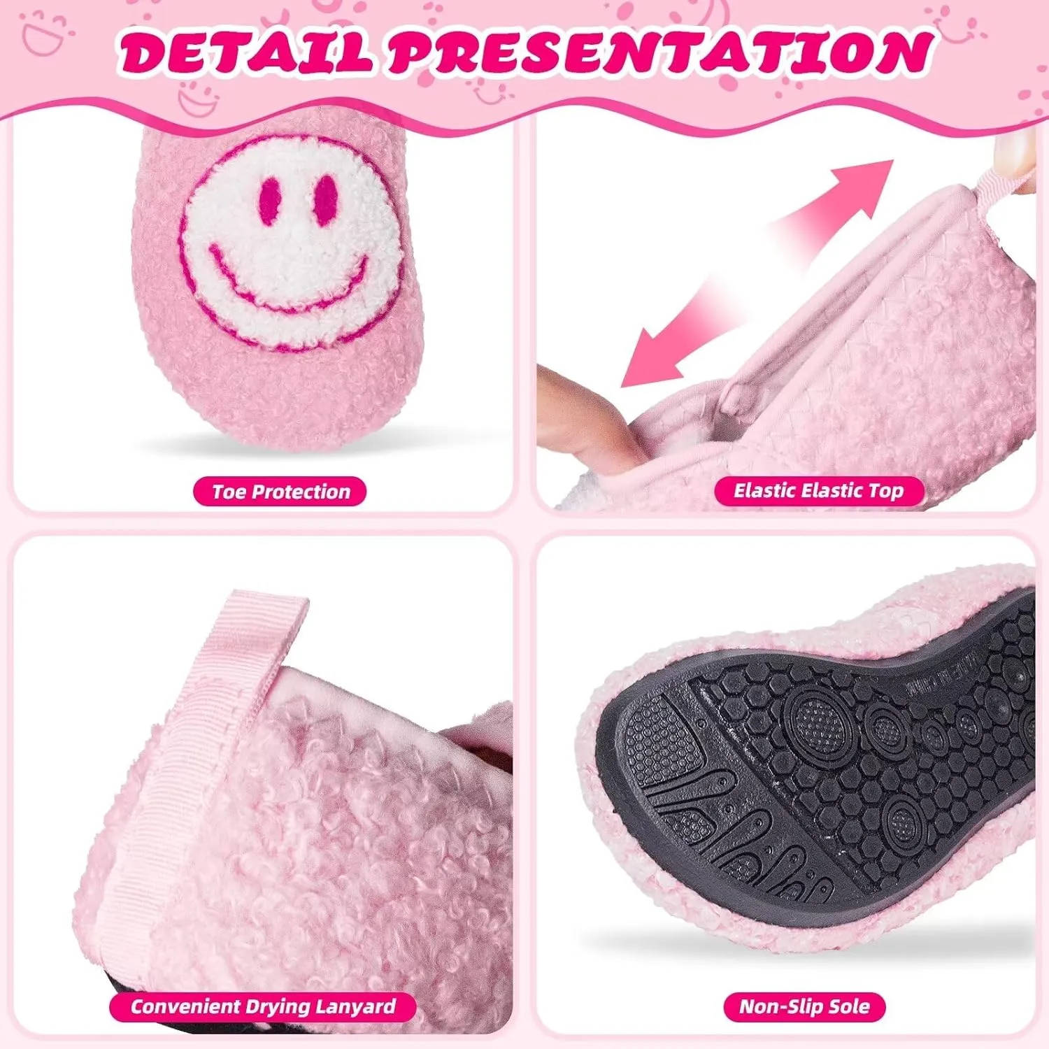 KEYUSHOP Smile Face Toddler Kids Slippers - Cute Soft Plush Non-Slip Rubber Sole Socks Shoes - Warm, Lightweight, Outdoor Walking Shoes