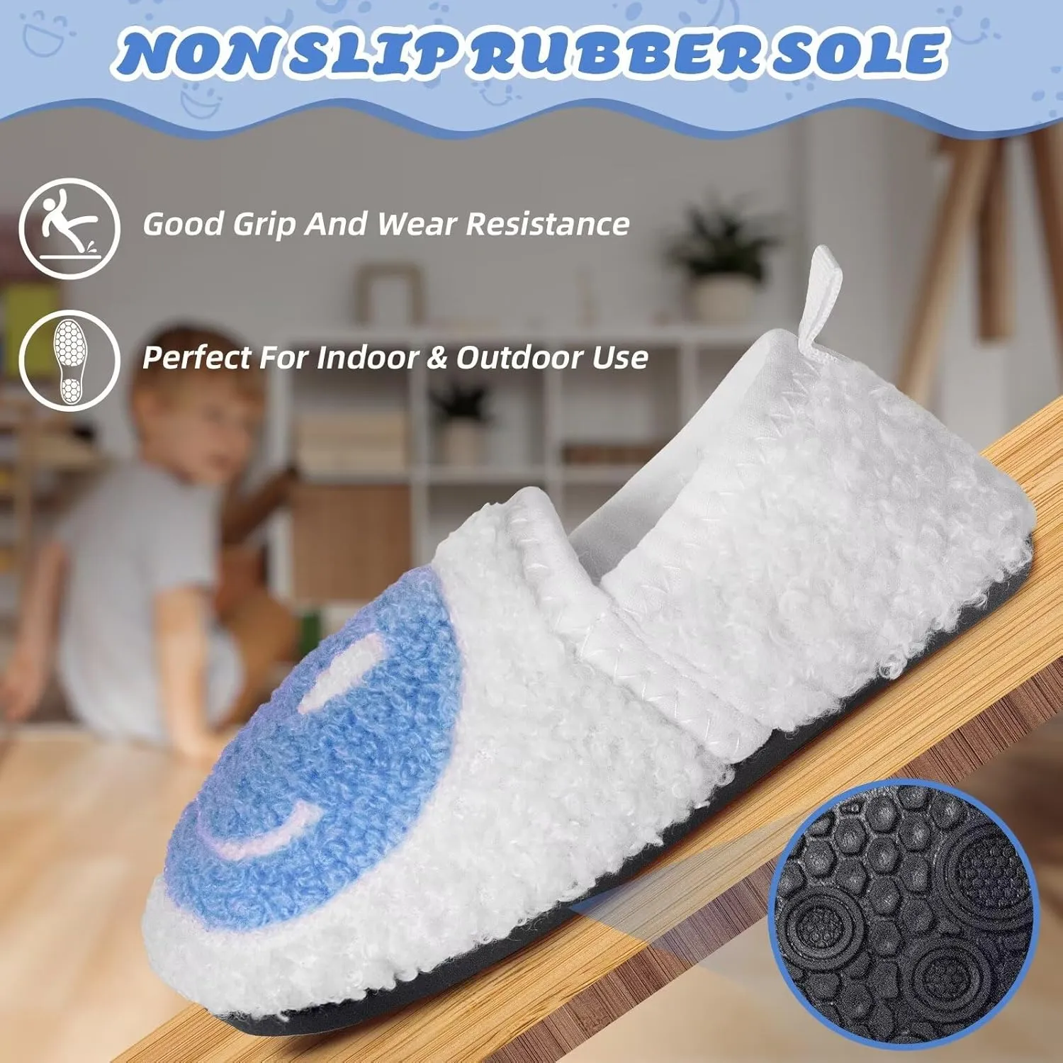KEYUSHOP Smile Face Toddler Kids Slippers - Cute Soft Plush Non-Slip Rubber Sole Socks Shoes - Warm, Lightweight, Outdoor Walking Shoes