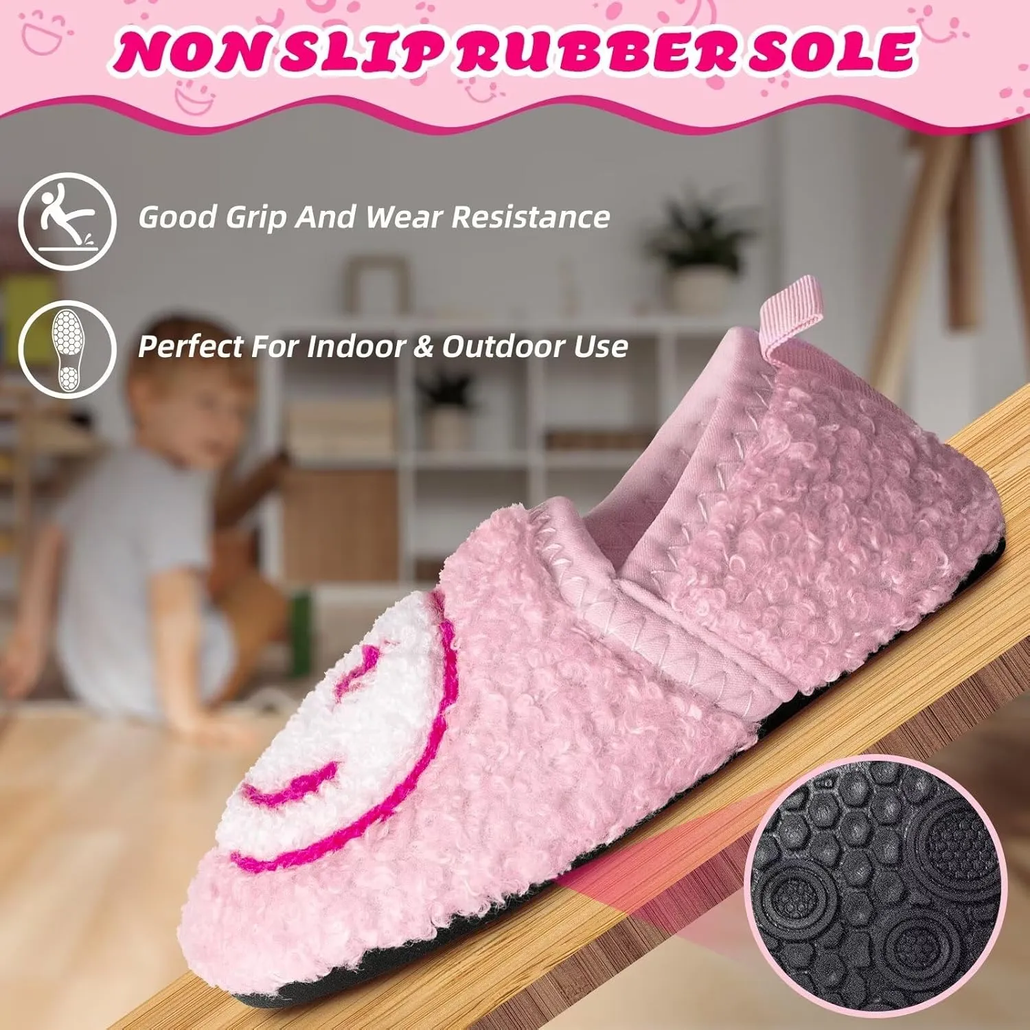 KEYUSHOP Smile Face Toddler Kids Slippers - Cute Soft Plush Non-Slip Rubber Sole Socks Shoes - Warm, Lightweight, Outdoor Walking Shoes