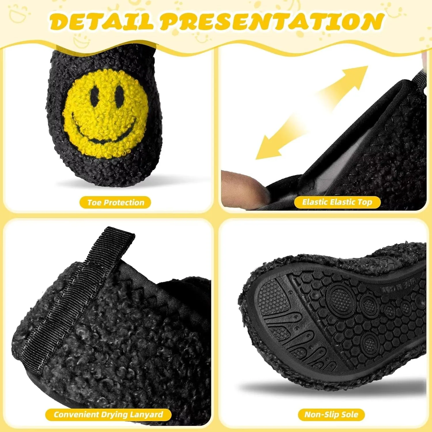 KEYUSHOP Smile Face Toddler Kids Slippers - Cute Soft Plush Non-Slip Rubber Sole Socks Shoes - Warm, Lightweight, Outdoor Walking Shoes