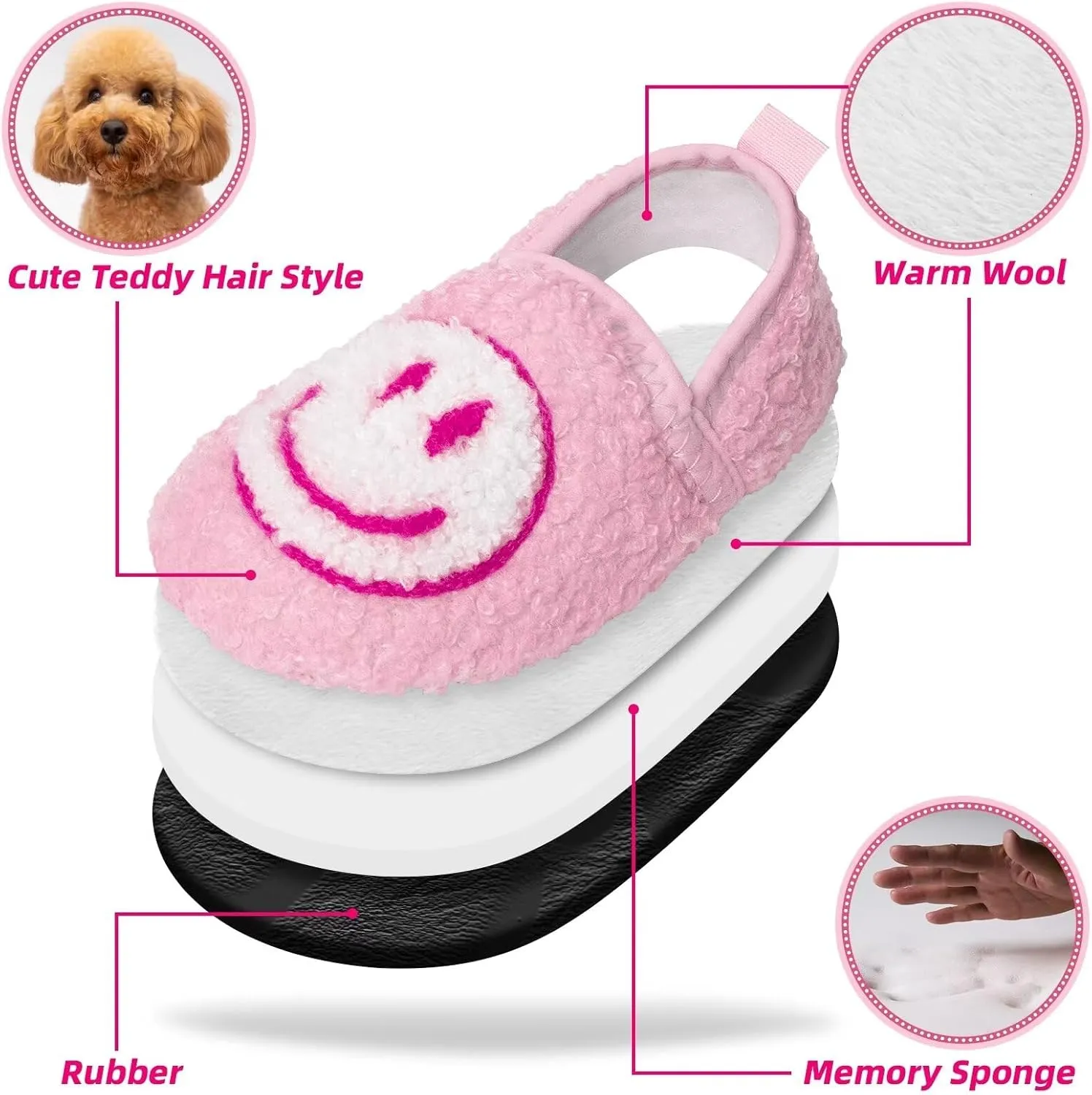 KEYUSHOP Smile Face Toddler Kids Slippers - Cute Soft Plush Non-Slip Rubber Sole Socks Shoes - Warm, Lightweight, Outdoor Walking Shoes