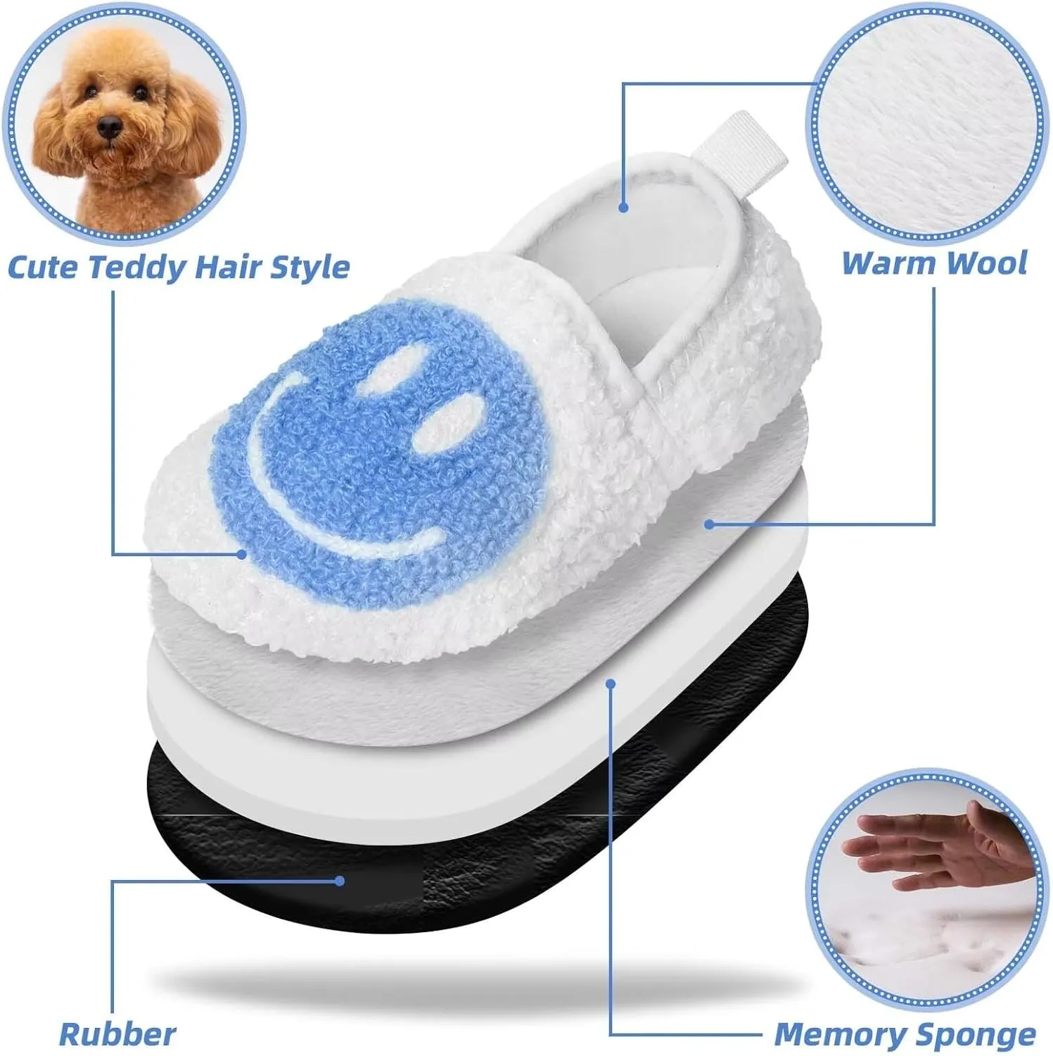 KEYUSHOP Smile Face Toddler Kids Slippers - Cute Soft Plush Non-Slip Rubber Sole Socks Shoes - Warm, Lightweight, Outdoor Walking Shoes