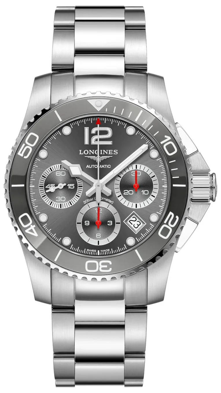 Longines HydroConquest Automatic Chronograph Stainless Steel Gray Dial Date Divers Mens Watch L3.783.4.76.6