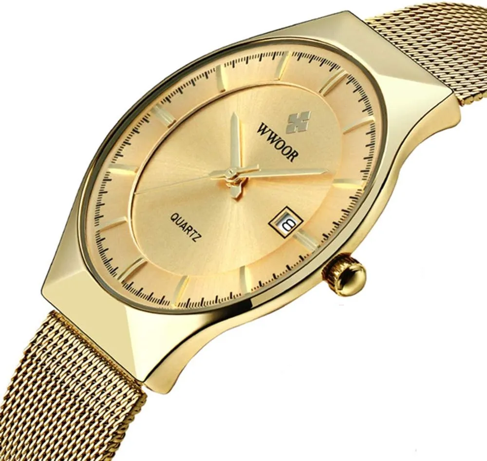 MASTOP Men Watch Ultra Thin Watches Stainless Steel Mesh Band Quartz Wristwatch Fashion Date Waterproof Watches