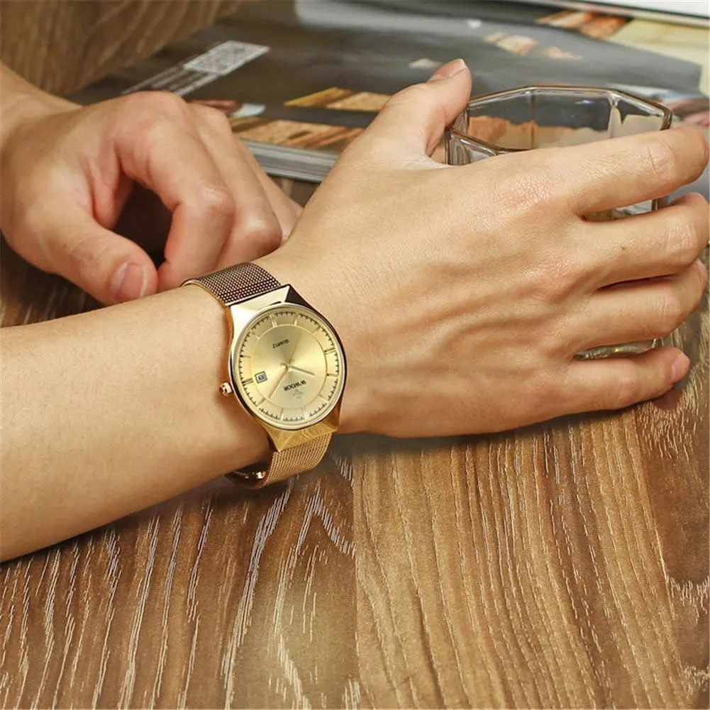 MASTOP Men Watch Ultra Thin Watches Stainless Steel Mesh Band Quartz Wristwatch Fashion Date Waterproof Watches