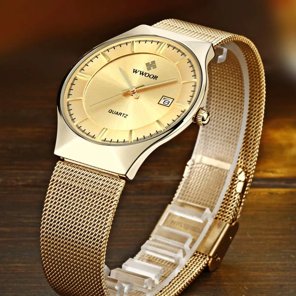 MASTOP Men Watch Ultra Thin Watches Stainless Steel Mesh Band Quartz Wristwatch Fashion Date Waterproof Watches