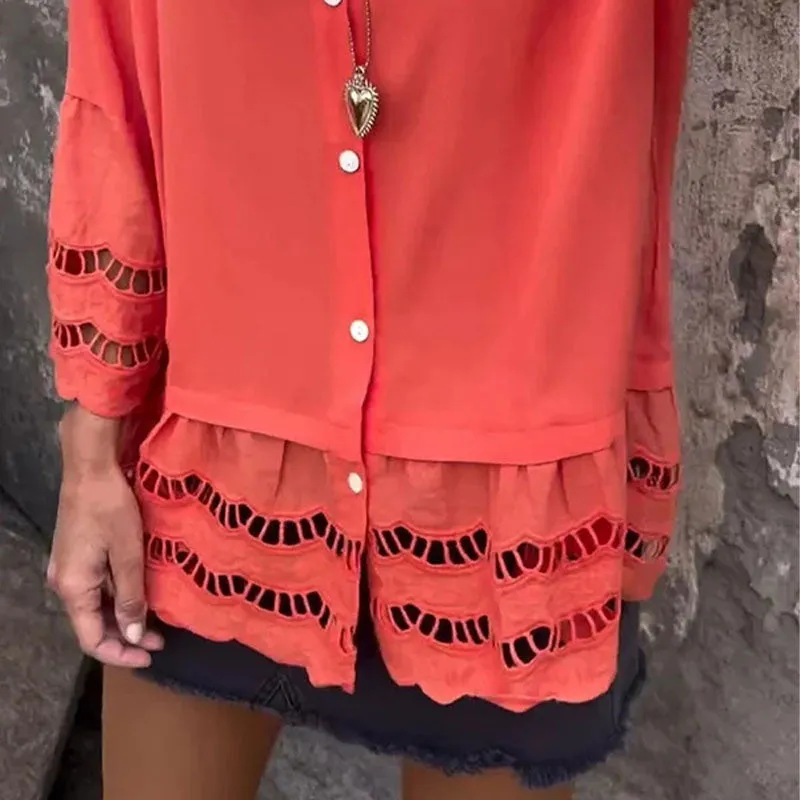 Mid-Sleeve Shirt with Hollow Patchwork Design