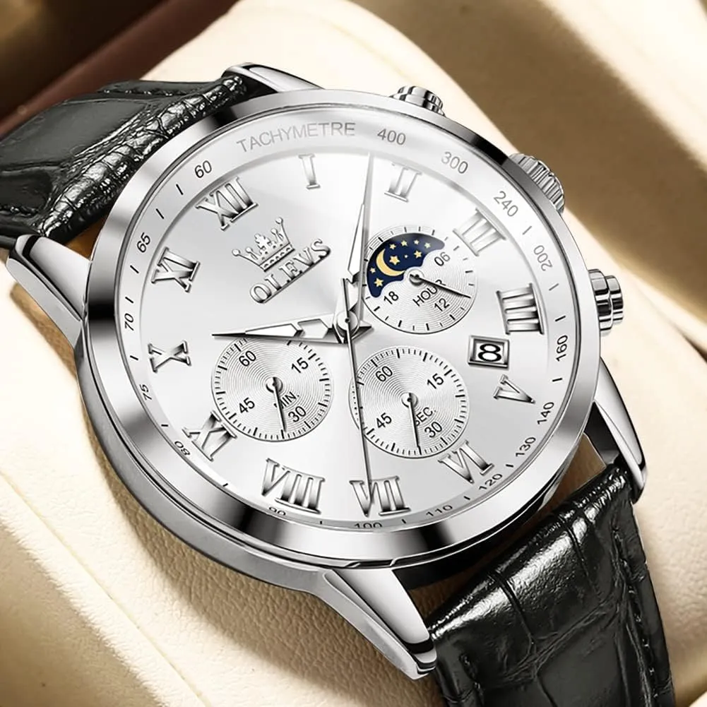 OLEVS Mens Watches Leather Chronograph Luxury Fashion Dress Analog Quartz Wrist Watch Luminous Waterproof Moon Phase Date