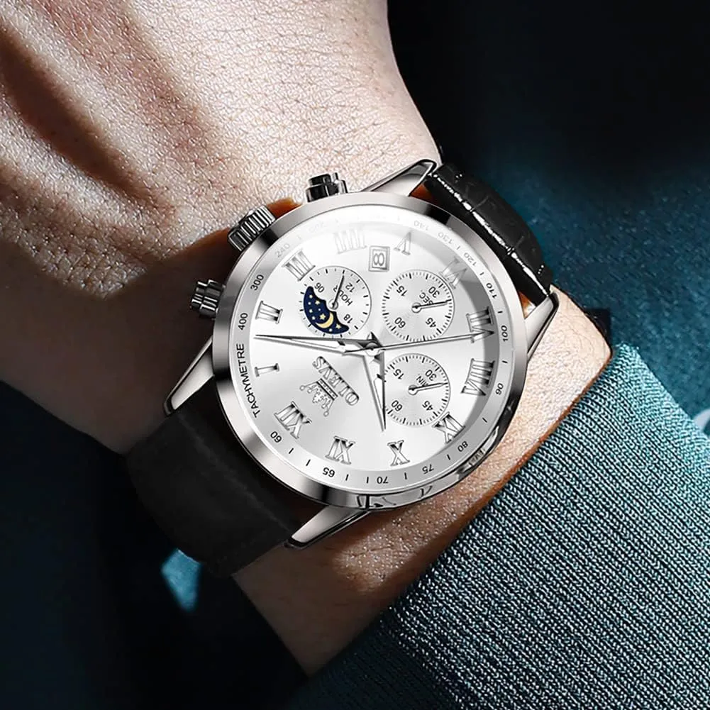 OLEVS Mens Watches Leather Chronograph Luxury Fashion Dress Analog Quartz Wrist Watch Luminous Waterproof Moon Phase Date