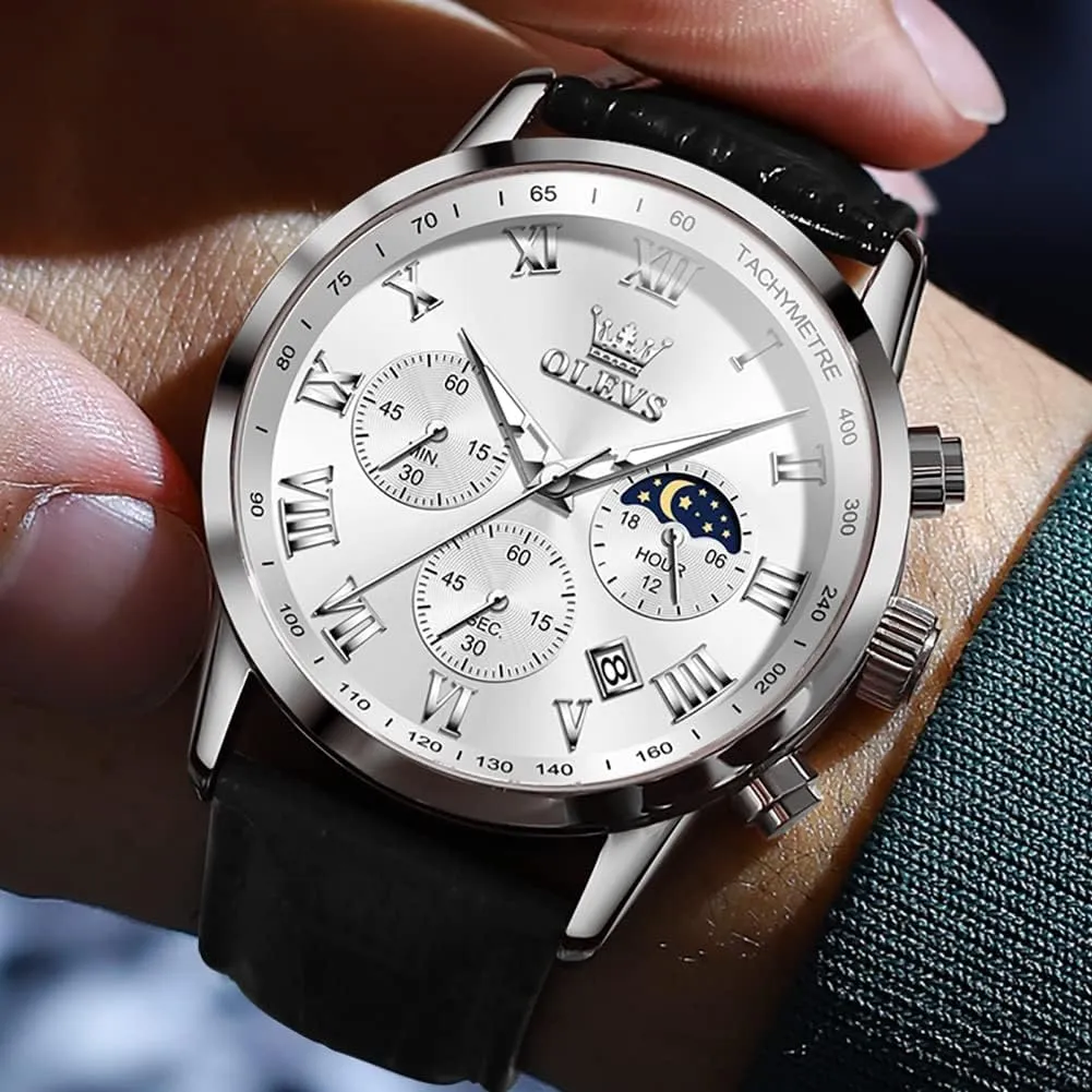 OLEVS Mens Watches Leather Chronograph Luxury Fashion Dress Analog Quartz Wrist Watch Luminous Waterproof Moon Phase Date