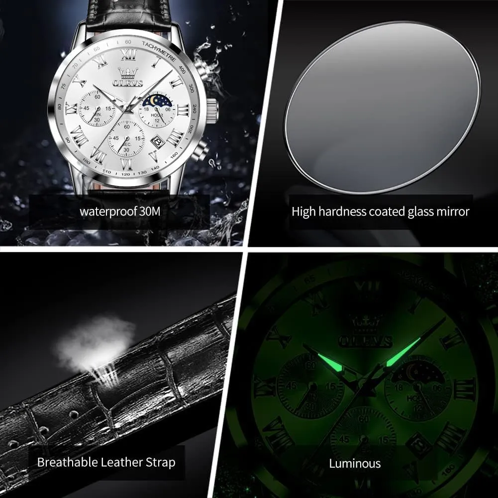 OLEVS Mens Watches Leather Chronograph Luxury Fashion Dress Analog Quartz Wrist Watch Luminous Waterproof Moon Phase Date