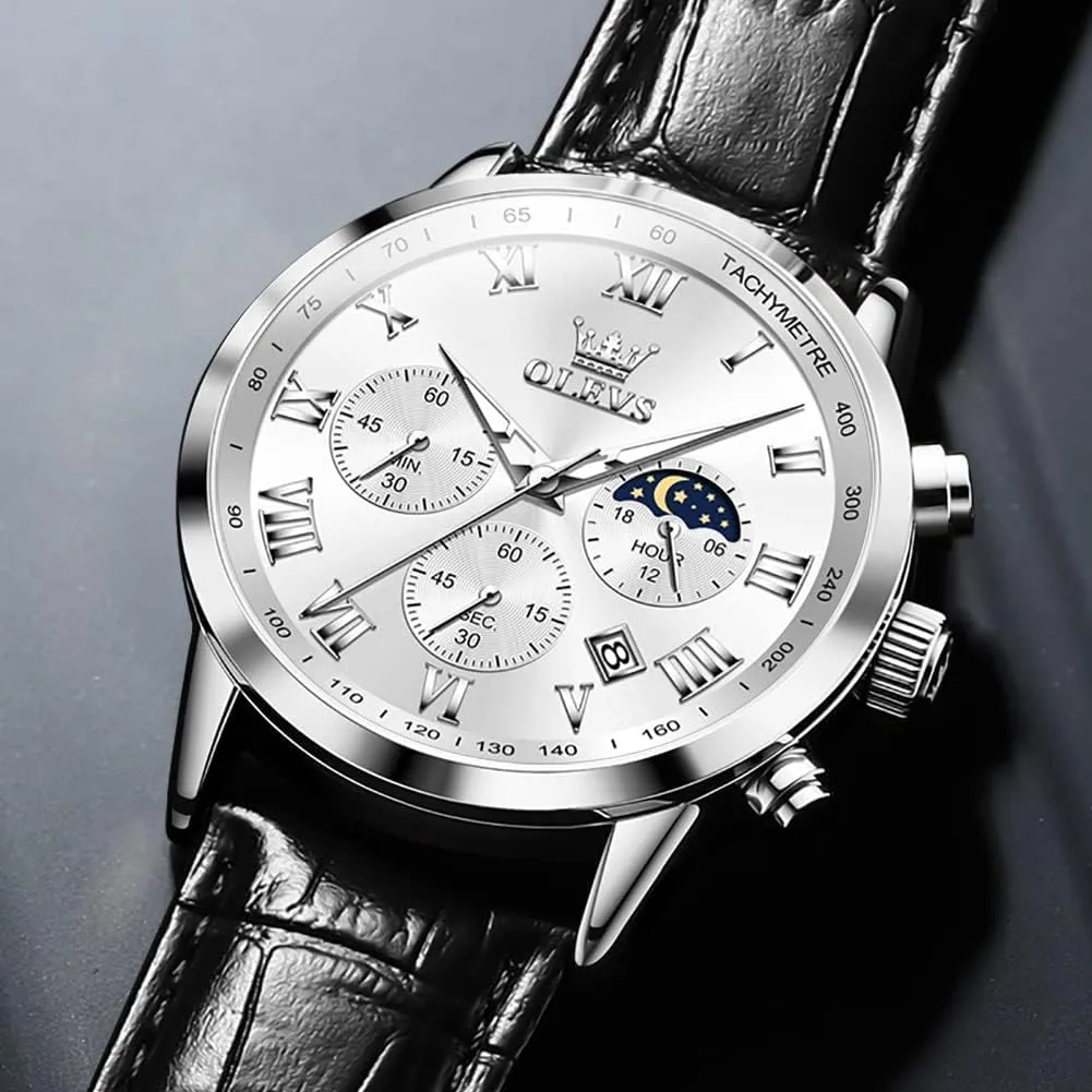 OLEVS Mens Watches Leather Chronograph Luxury Fashion Dress Analog Quartz Wrist Watch Luminous Waterproof Moon Phase Date
