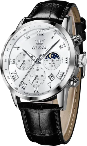 OLEVS Mens Watches Leather Chronograph Luxury Fashion Dress Analog Quartz Wrist Watch Luminous Waterproof Moon Phase Date