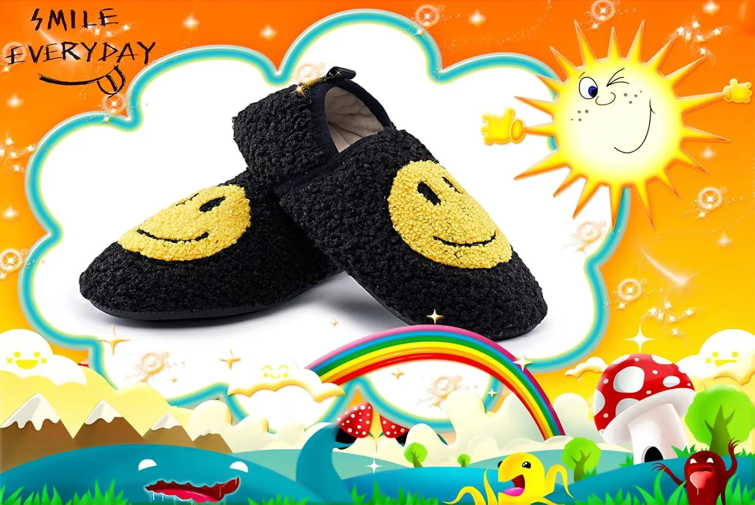Smile Face Slippers Kids Fuzzy Indoor House Slippers Toddler Home Cozy Socks Cute Face Non-Slip Rubber Sole Warm Shoes Cartoon Soft For Boys Girls