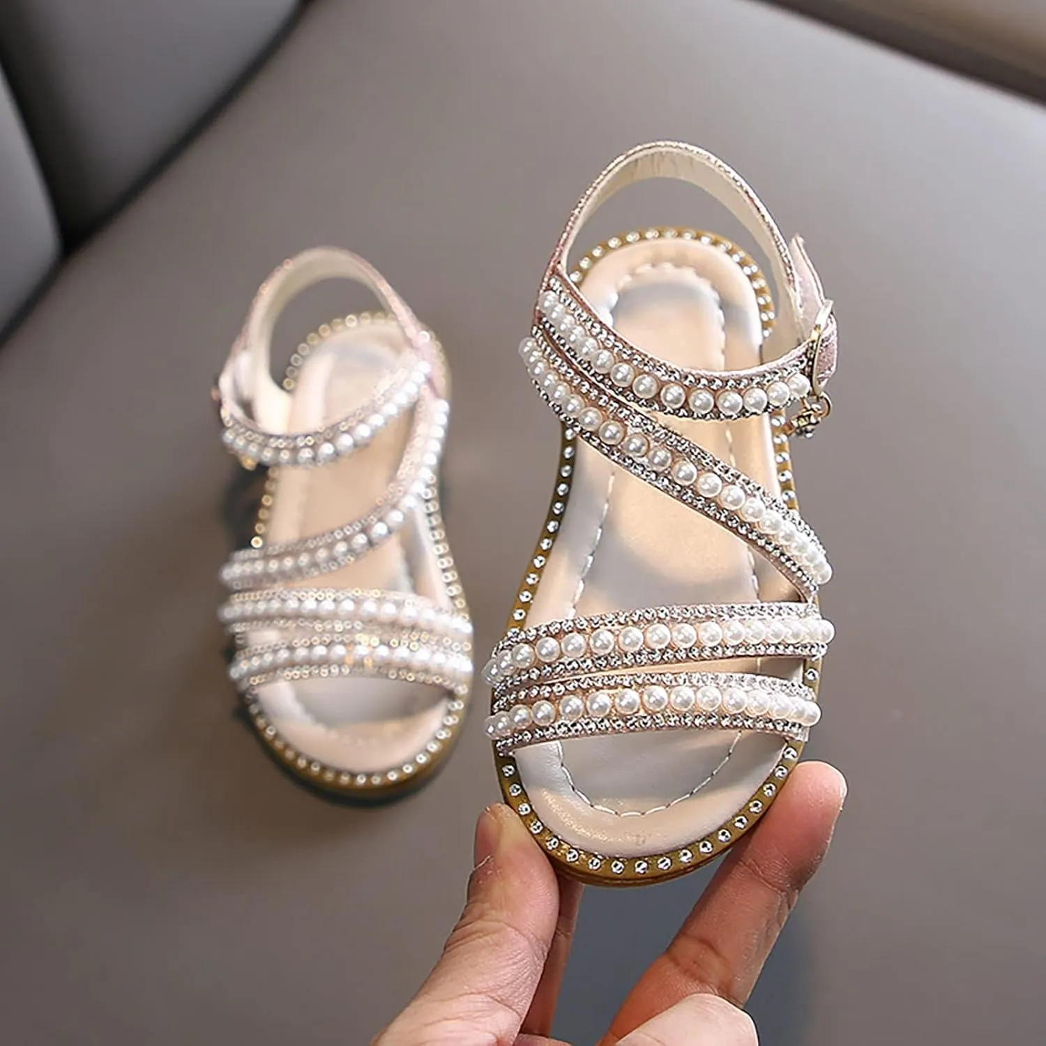 Summer Girls' Sandals Korean Edition Little Girls' Pearl Open Toe Princess Shoes Little Medium And Toddler Girl Slides