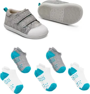 Ten Little First Walker Kids Shoes & Ankle Socks Bundle for Baby & Toddler Boys & Girls, Heather Gray Shoe Size 4, Ankle Socks with Non-Skid Grips 5 Pk