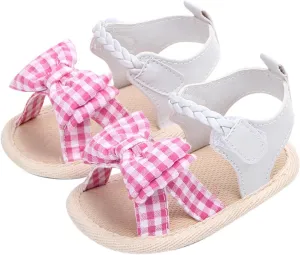 Toddler Infant Girls Baby Sandals Open Toe Cute Plaid Bowknot Shoes First Walkers Shoes Summer Flat Sandals (Pink, 12-18 Months)