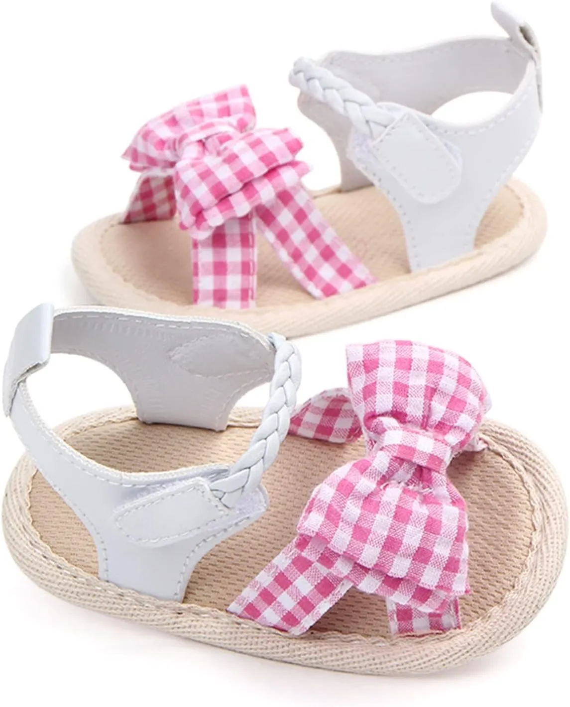 Toddler Infant Girls Baby Sandals Open Toe Cute Plaid Bowknot Shoes First Walkers Shoes Summer Flat Sandals (Pink, 12-18 Months)