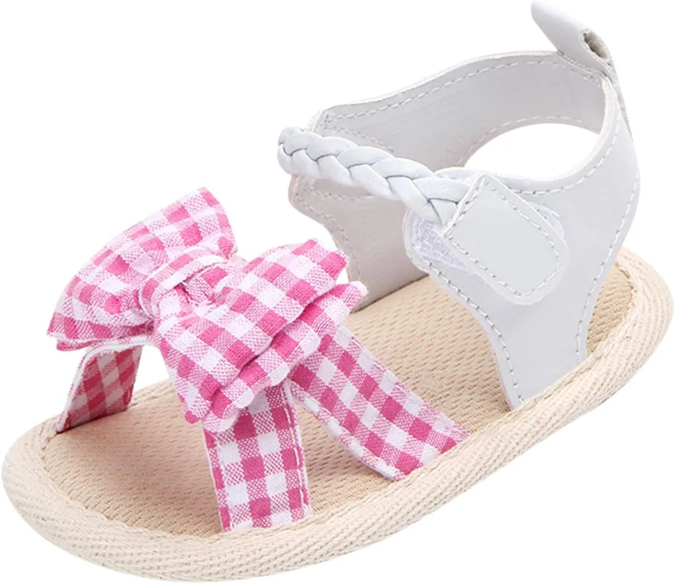 Toddler Infant Girls Baby Sandals Open Toe Cute Plaid Bowknot Shoes First Walkers Shoes Summer Flat Sandals (Pink, 12-18 Months)