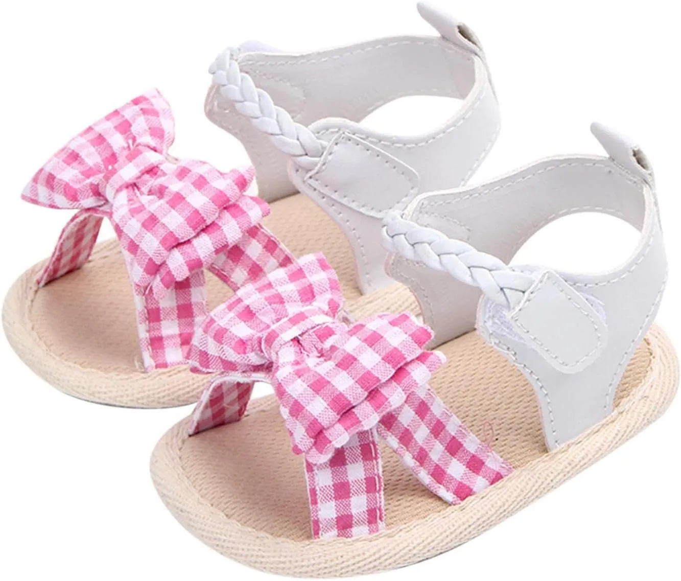 Toddler Infant Girls Baby Sandals Open Toe Cute Plaid Bowknot Shoes First Walkers Shoes Summer Flat Sandals (Pink, 12-18 Months)