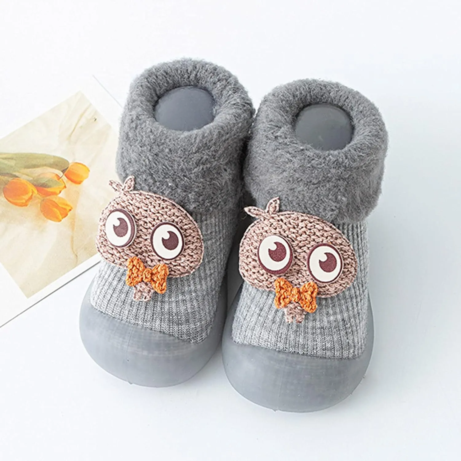 Toddler Kids Rubber Shoes Sock Winter Cartoon Warm Knit Soft Sole Slipper Stocking Thick Soft Comfy Warm Shoes