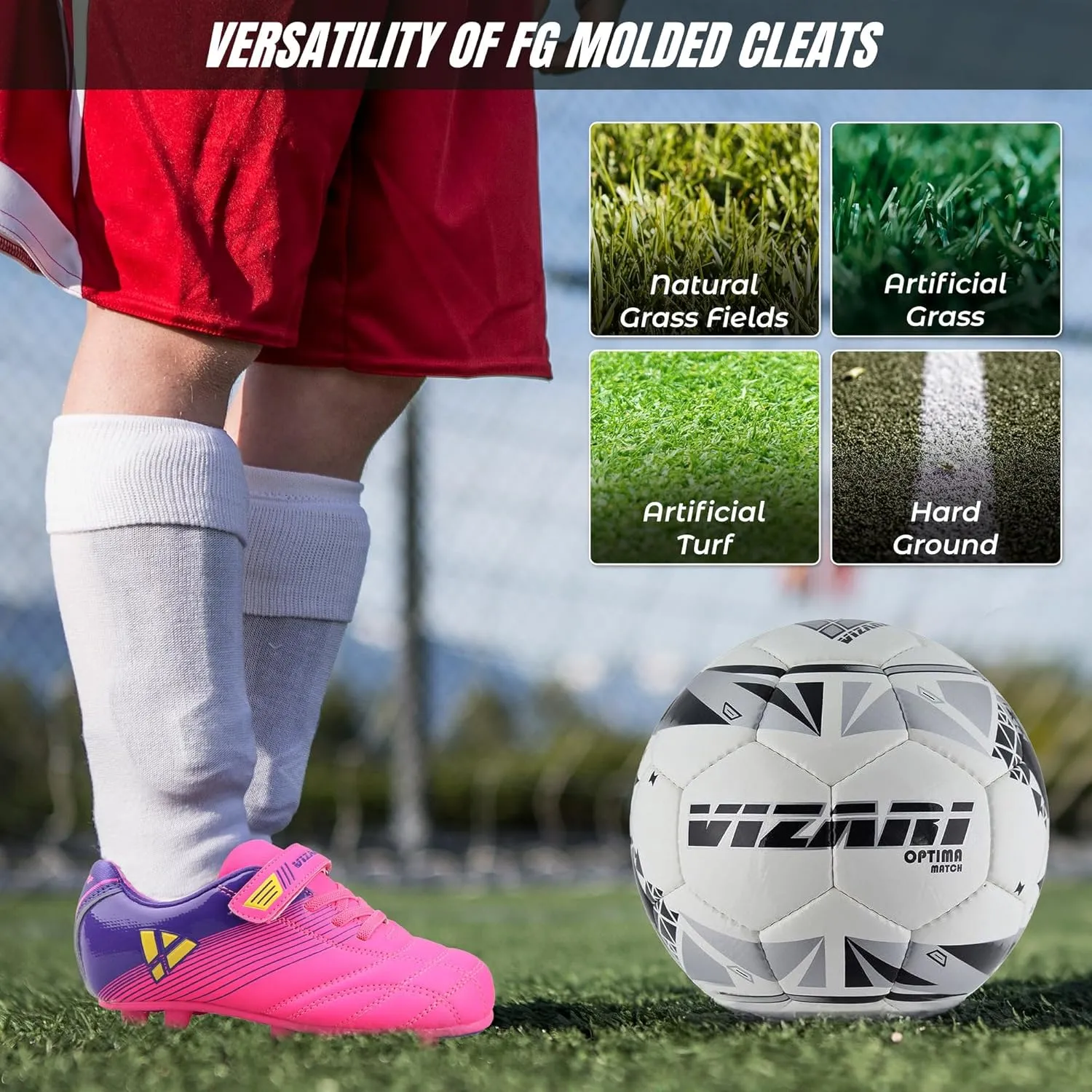 Vizari Soccer Cleats Boys Girls | Firm Ground Football Shoes | Light Secure Fit with Hook & Loop Strap | Toddlers, Little/Big Kid