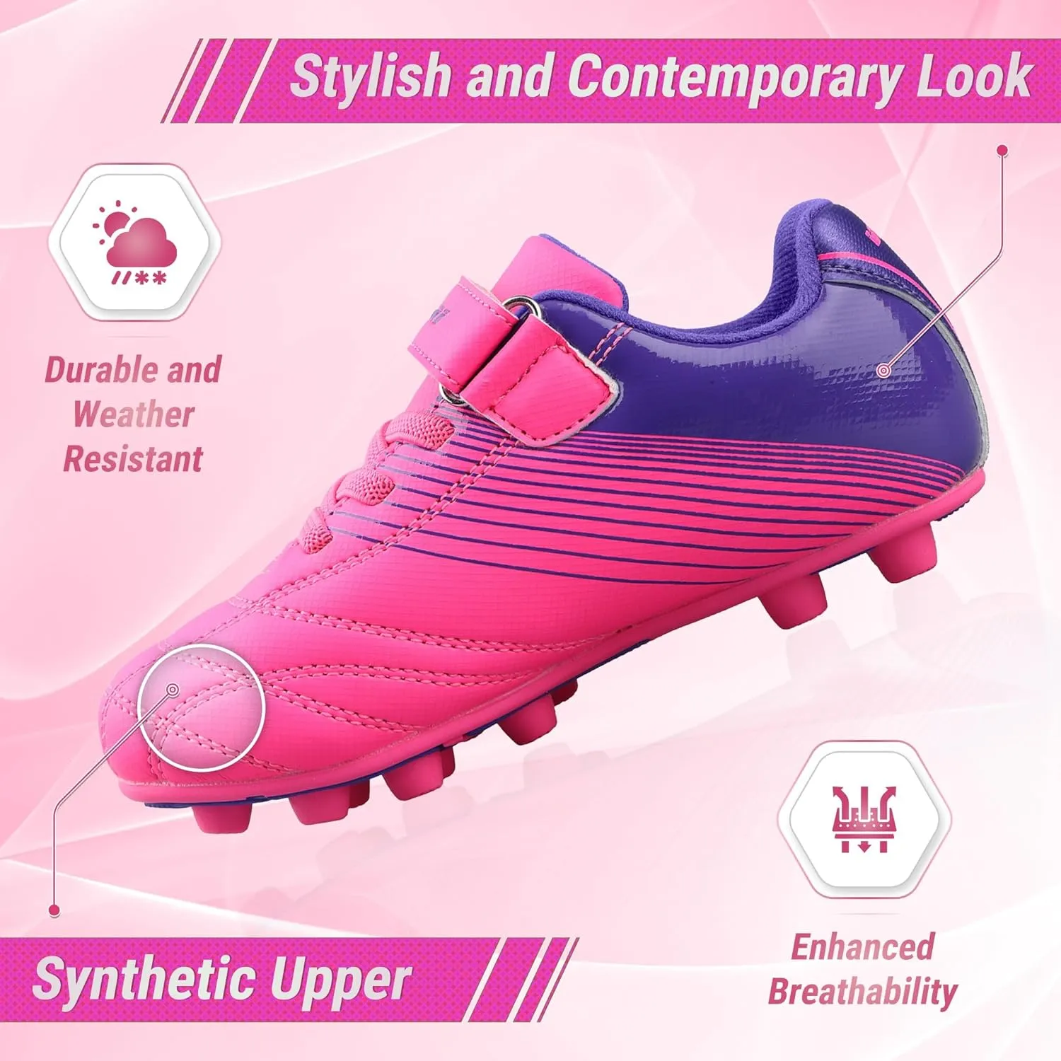 Vizari Soccer Cleats Boys Girls | Firm Ground Football Shoes | Light Secure Fit with Hook & Loop Strap | Toddlers, Little/Big Kid