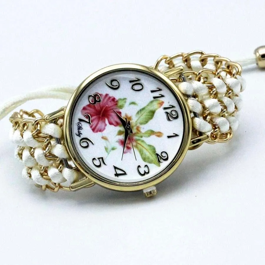 Women Fabric Flower Hand-Knitted Quartz Wrist Watches
