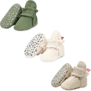 Zutano Cotton Baby Booties with Gripper Soles, Soft Sole Stay-On Baby Shoes, Bundle, Olive/Cream/Khaki, 24M