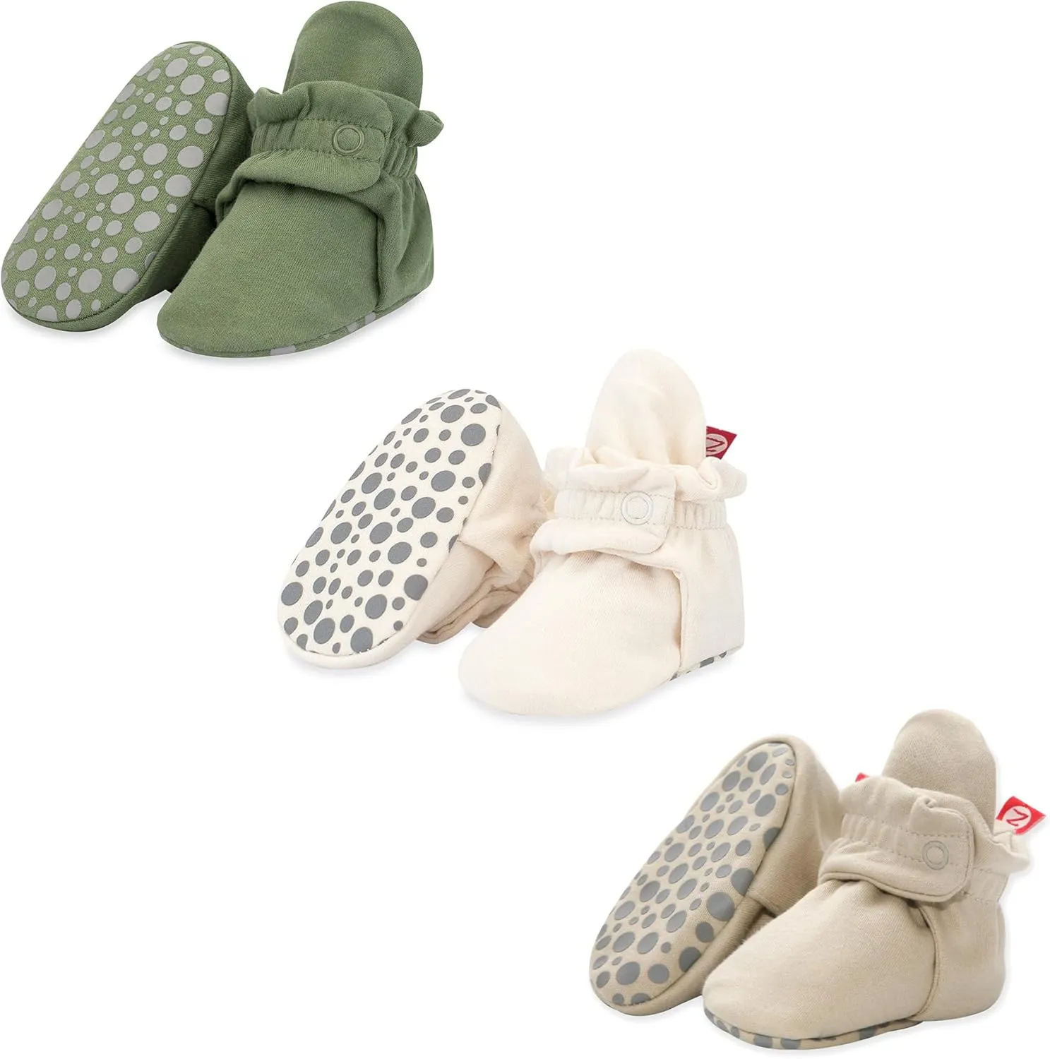 Zutano Cotton Baby Booties with Gripper Soles, Soft Sole Stay-On Baby Shoes, Bundle, Olive/Cream/Khaki, 24M